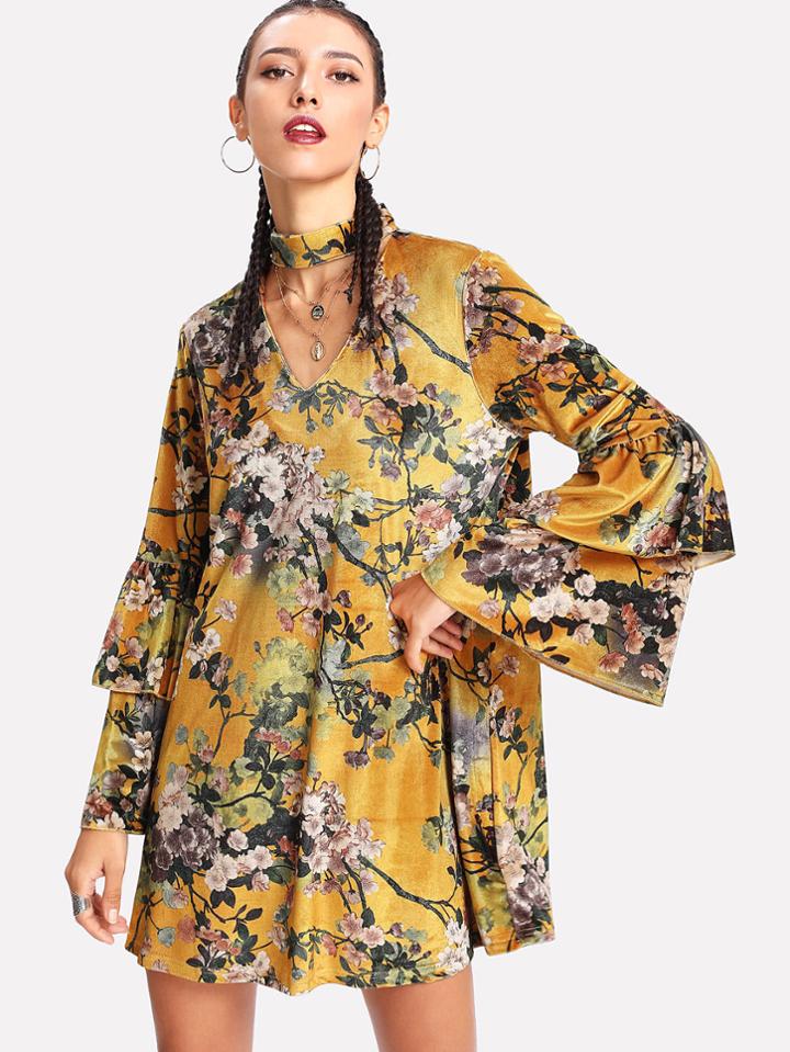 Romwe Choker Neck Floral Velvet Dress