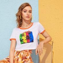 Romwe Coconut Trees Print Crop Ringer Tee