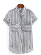 Romwe Striped Dual Pocket Short Sleeve Blouse