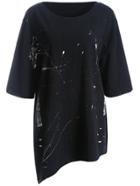 Romwe Speckled Print Ripped Asymmetrical T-shirt