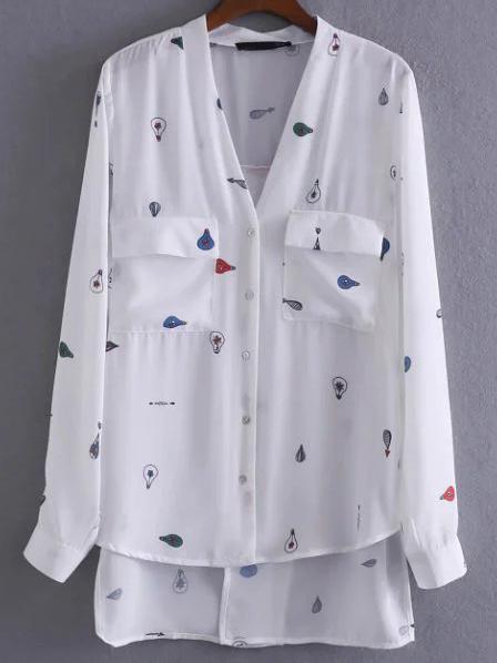 Romwe White Printed V Neck Dip Hem Blouse