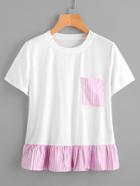 Romwe Striped Frill Hem Patch Pocket Tee