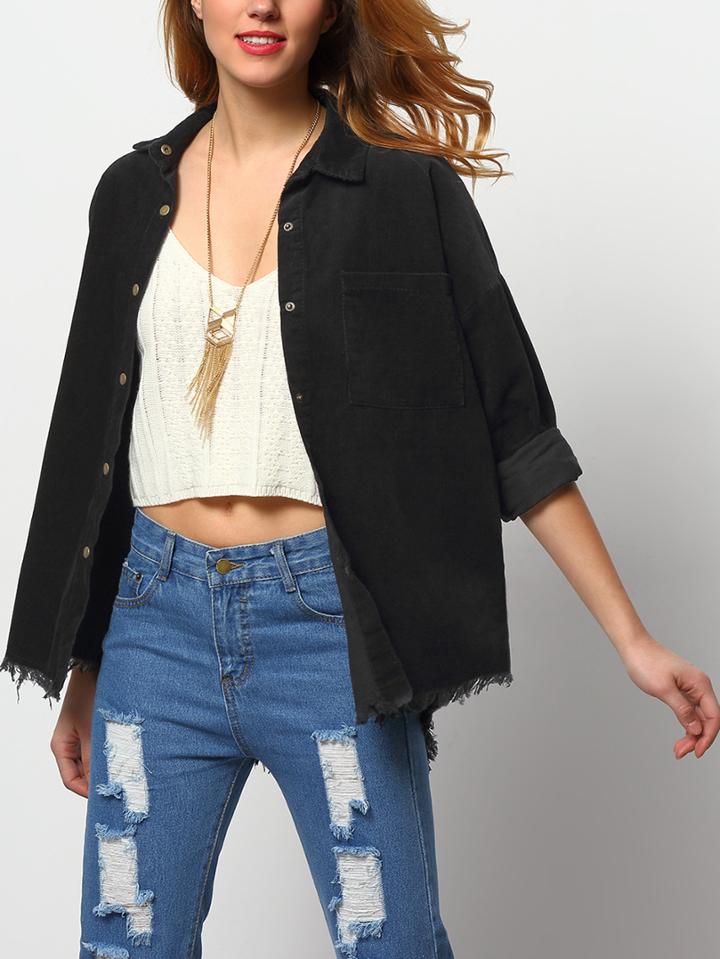 Romwe Fringe Corduroy Coat With Pockets