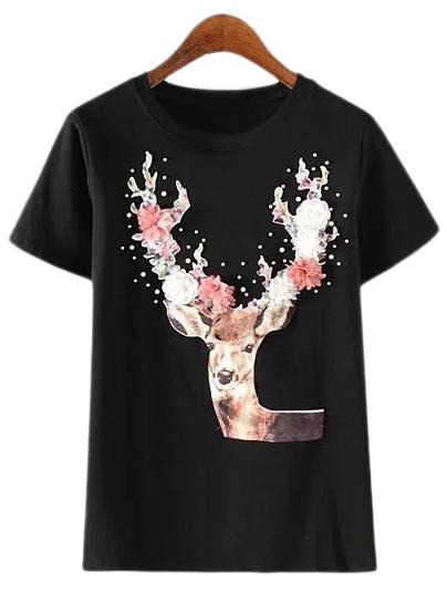 Romwe Black Short Sleeve Studded Flowers Deer T-shirt