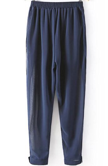 Romwe Elastic Waist Thigh Spilt Chiffon Navy Pant