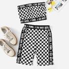 Romwe Checkerboard Print Letter Panel Bandeau Top With Shorts