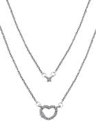 Romwe Silver Double Layer Heart Rhinestone Pendant Necklace