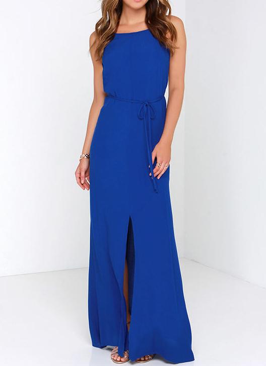 Romwe Royal Blue Spaghetti Strap Backless Split Maxi Dress