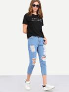 Romwe Ripped Light Blue Ankle Jeans