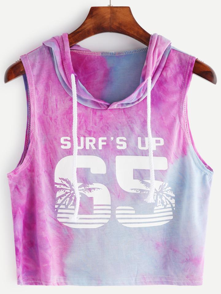 Romwe Purple Tie-dye Numbers Print Hooded Sleeveless Top