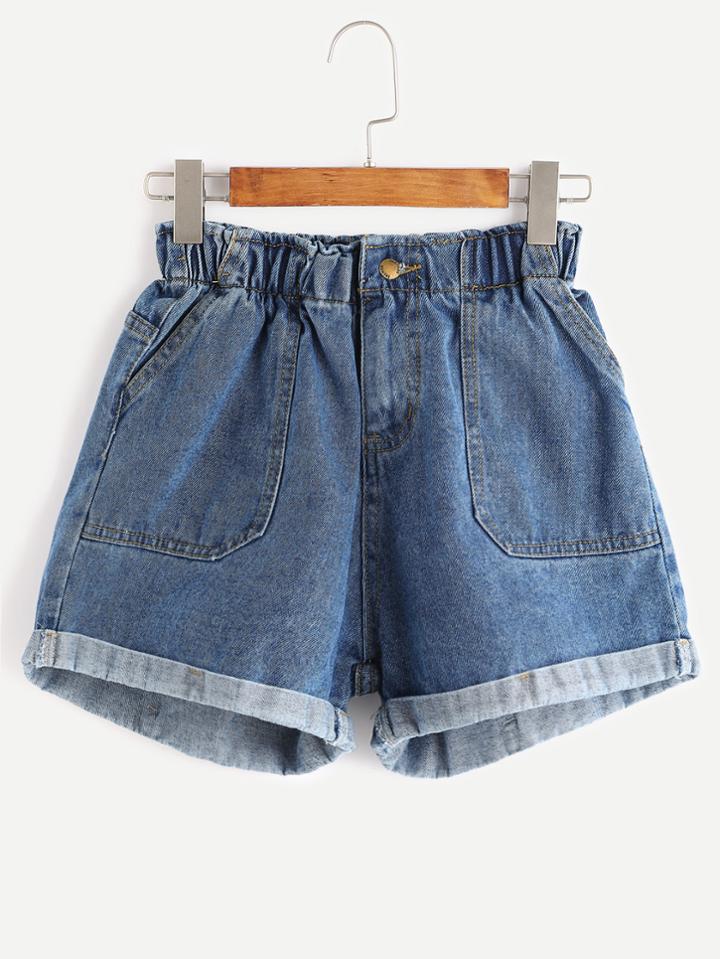 Romwe Blue Elastic Waist Rolled Hem Denim Shorts