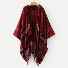 Romwe Fringe Hem Colourful Striped Hooded Poncho Sweater