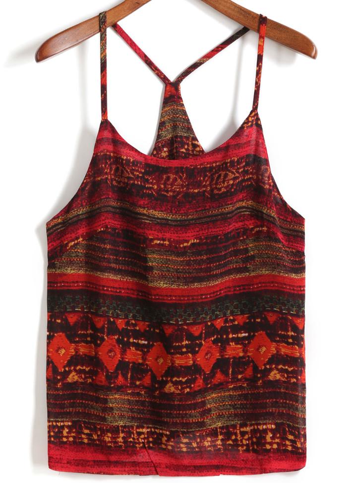 Romwe Spaghetti Strap Vintage Print Red Cami Top