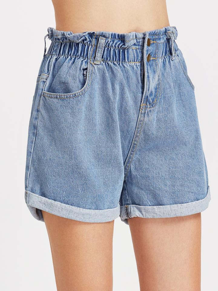 Romwe Blue Shirred Elastic Waist Rolled Hem Denim Shorts