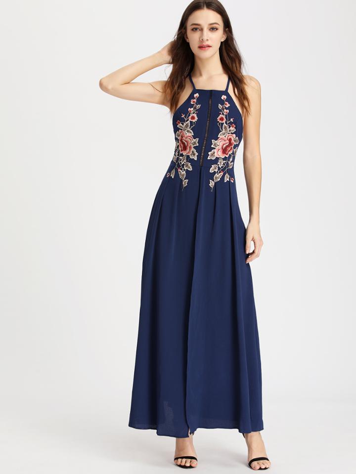 Romwe Criss Cross Backless Appliques Split Dress