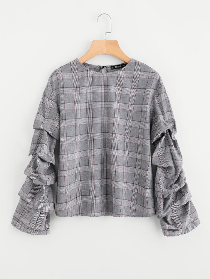 Romwe Buttoned Keyhole Back Gathered Sleeve Plaid Top