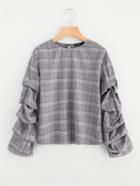 Romwe Buttoned Keyhole Back Gathered Sleeve Plaid Top