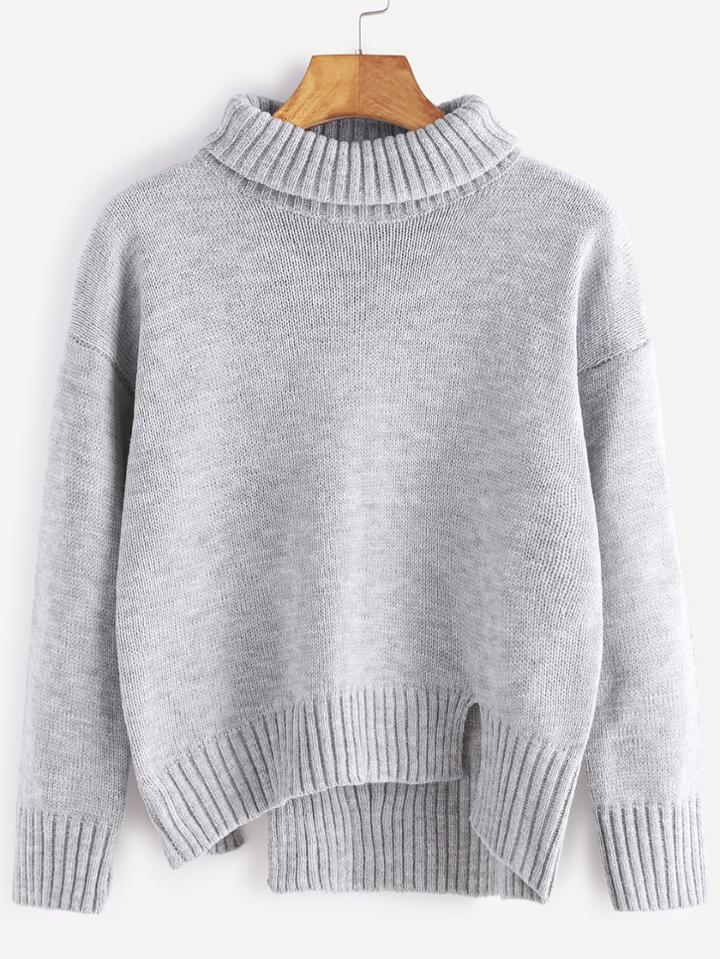 Romwe Grey Roll Neck Drop Shoulder Asymmetric Hem Sweater