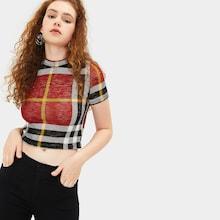 Romwe Tartan Plaid Crop Tee