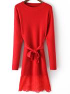 Romwe Lace Insert Red Jersey Dress With Belt