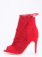 Romwe Laser-cut Lace-up Peep Toe Heels - Red