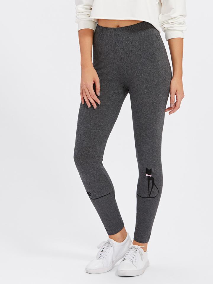 Romwe Cat Print Elastic Waist Leggings