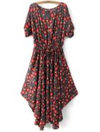 Romwe Red Tie-waist Bow Irregular Hem Floral Print Dress