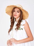Romwe Raw Edge Floppy Straw Hat With Lace Strap