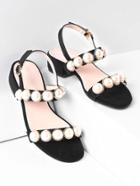 Romwe Faux Pearl Embellished Low Heeled Sandals