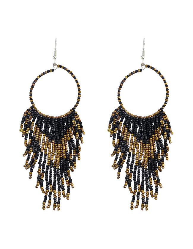 Romwe Bohemian Design Black Long Drop Small Beads Earrings