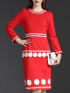 Romwe Red Round Neck Long Sleeve Patch Embroidered Dress