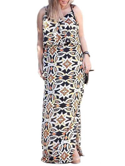 Romwe Spaghetti Strap Print Split Beach Dress