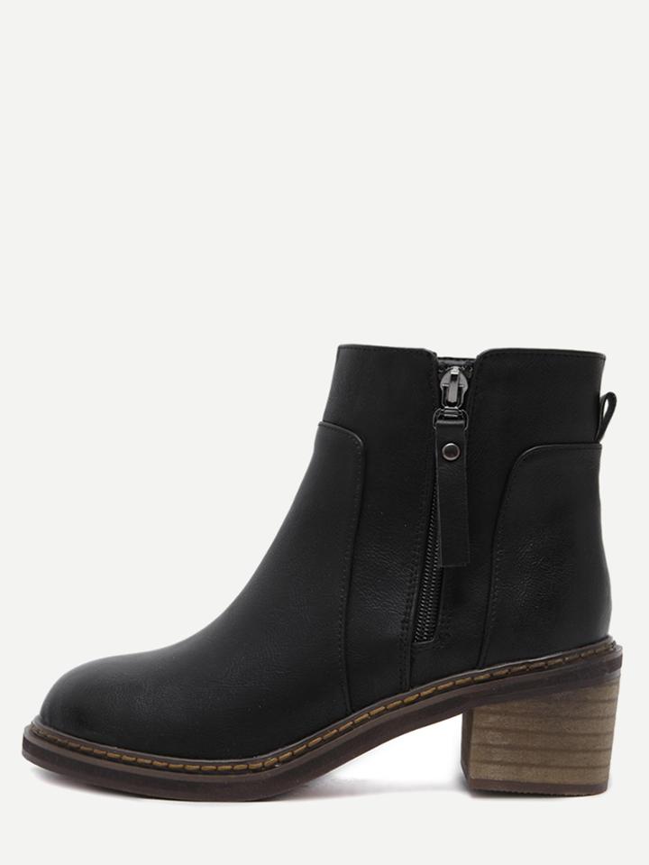 Romwe Black Pu Side Zipper Cork Heel Ankle Boots
