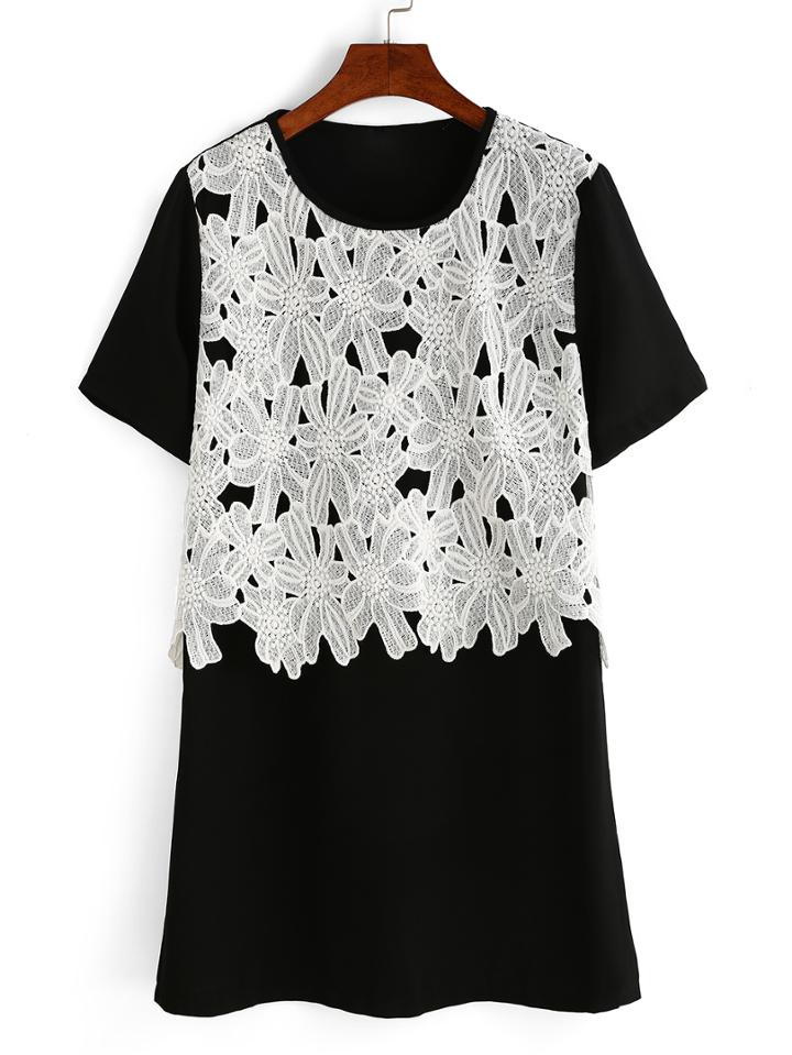 Romwe Contrast Lace Applique T-shirt Dress