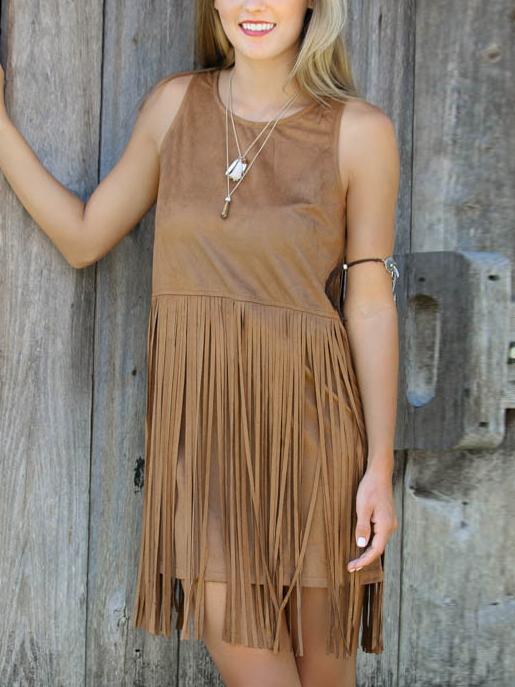 Romwe Sleeveless Fringe Suede Simple Khaki Dress