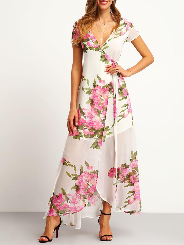 Romwe White Floral Print Wrap Maxi Dress