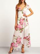 Romwe White Floral Print Wrap Maxi Dress