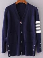 Romwe Navy Striped Sleeve Button Up Cardigan