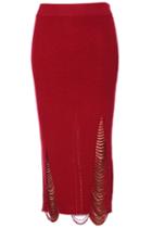 Romwe Hollow Midi Knitted Skirt-red