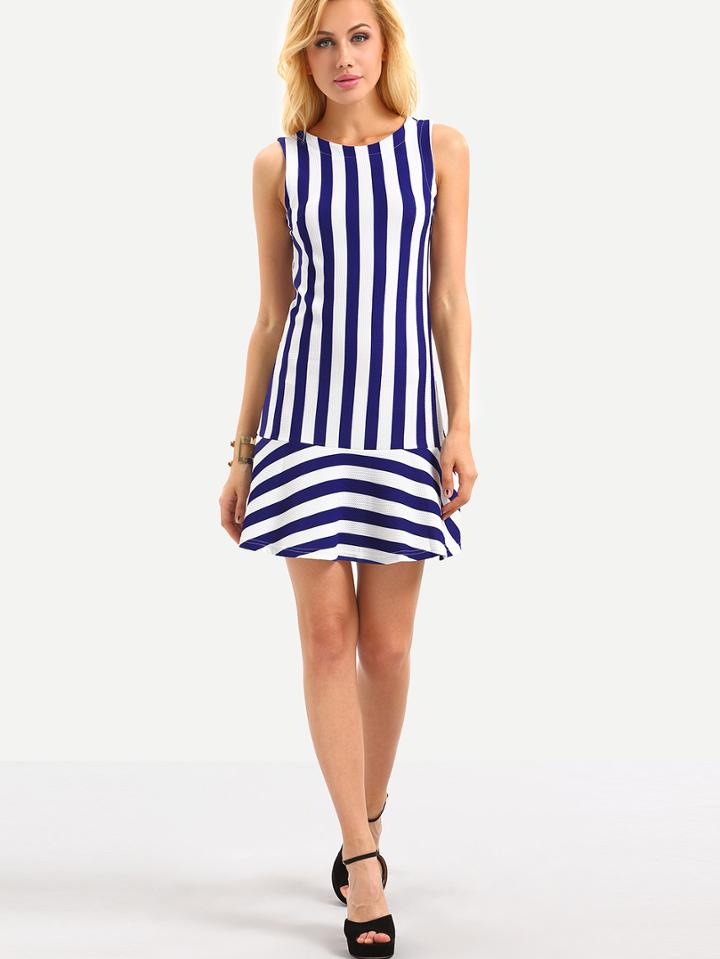 Romwe Ruffled Hem Sleeveless Vertical Striped Dress - Blue