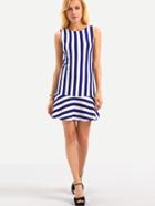 Romwe Ruffled Hem Sleeveless Vertical Striped Dress - Blue