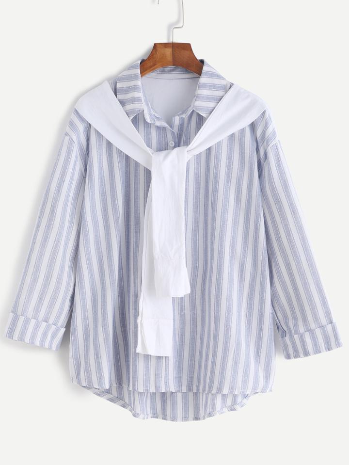 Romwe Vertical Striped Sleeve Tie Cuffed Dip Hem Shirt