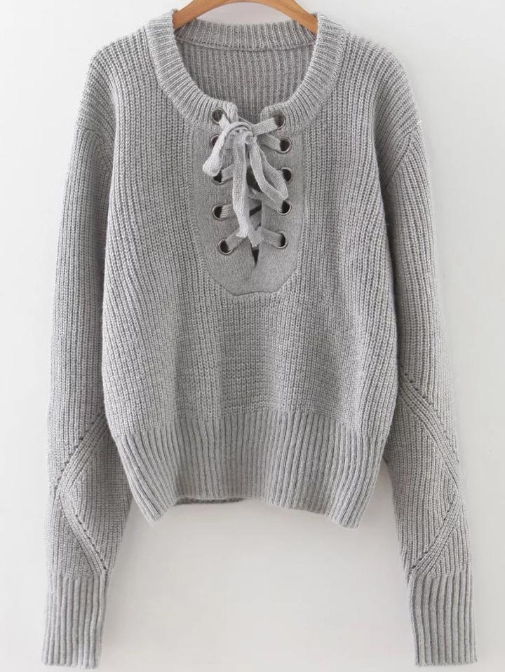 Romwe Grey Eyelet Lace Up Ribbed Trim Sweater