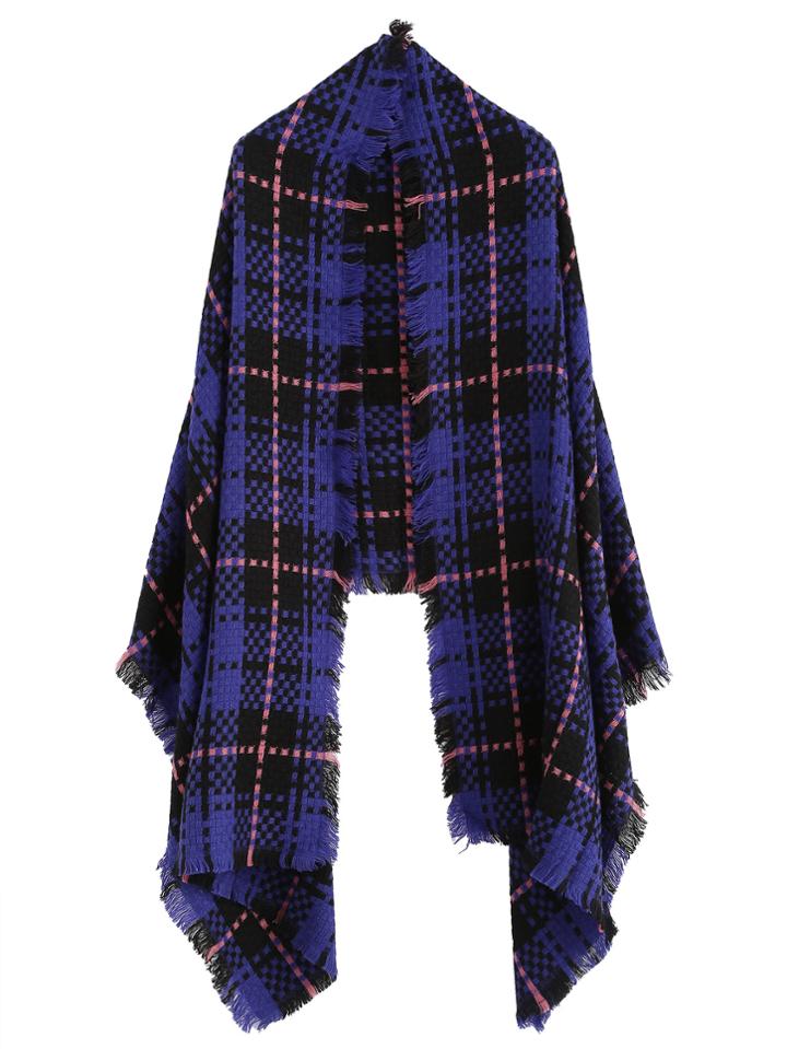 Romwe Purple Fringe Hem Plaid Scarf