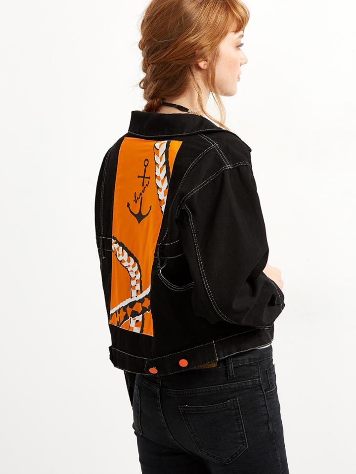 Romwe Black Back Print Patch Button Denim Jacket