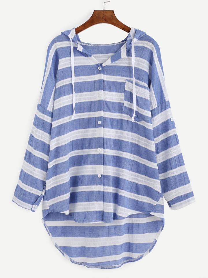 Romwe Blue Striped Drop Shoulder Hooded High Low Blouse
