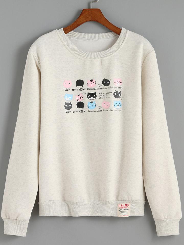 Romwe Round Neck Cat Print Pale Grey Sweatshirt