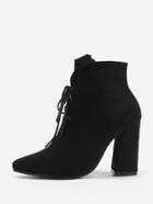 Romwe Pointed Toe Lace Up Block Heeled Boots