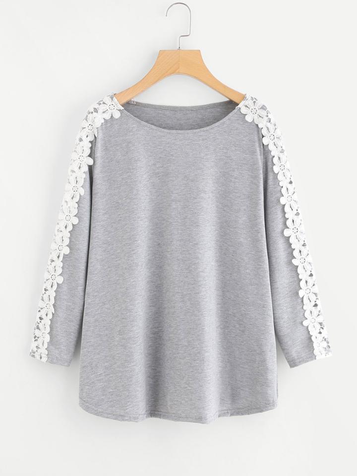 Romwe Contrast Crochet Appliques Marled Tee