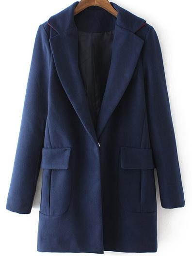 Romwe Lapel Pockets Covered Button Long Navy Coat